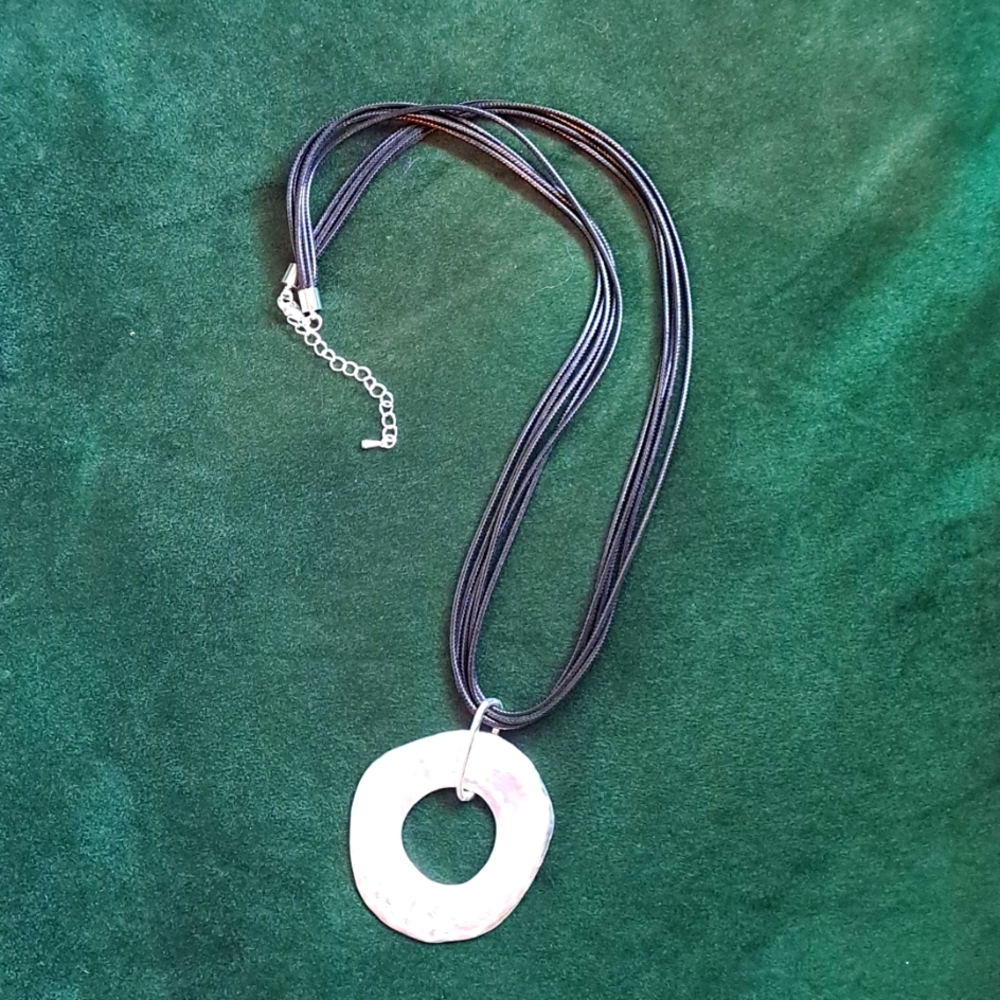 Long Leather Strap Silver Metal Necklace